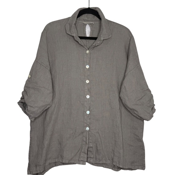 Meo Meli Tops - Meo Meli Italy Linen Button Up Shirt Top Roll Tab Sleeve Gray Brown READ